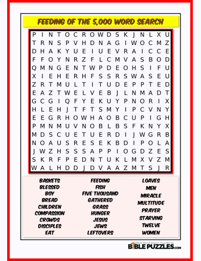 Printable Bible Word Search Activity Worksheet PDF - Feeding of the 5,000
