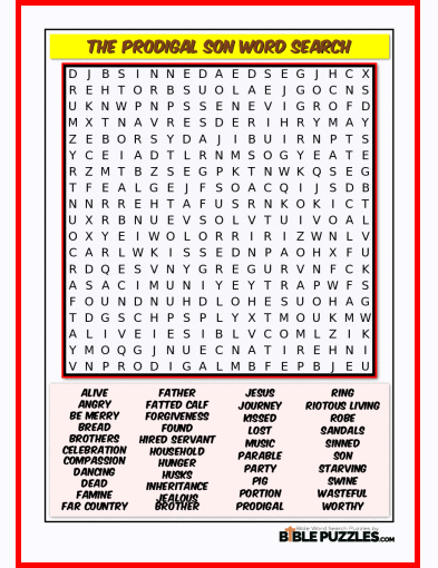 Printable Bible Word Search Activity Worksheet PDF - The Prodigal Son