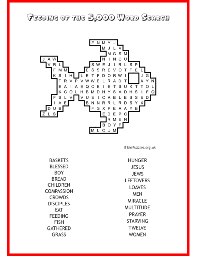 Printable Bible Word Search Activity Worksheet PDF - Feeding of the 5,000 (II)