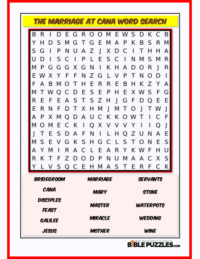 Printable Bible Word Search Activity Worksheet PDF - The Marriage at Cana