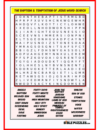 Printable Bible Word Search Activity Worksheet PDF - The Baptism & Temptation of Jesus