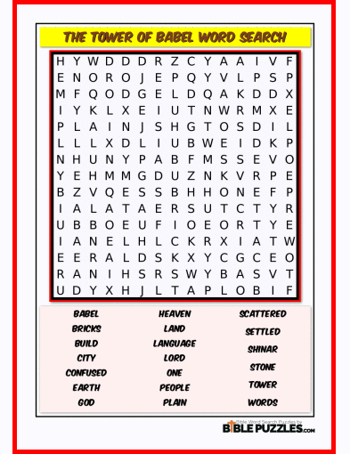 Printable Bible Word Search Activity Worksheet PDF- The Tower of Babel