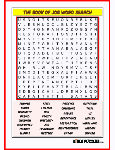 Printable Bible Word Search Activity Worksheet PDF- The Book of Job