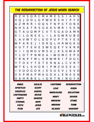 Printable Bible Word Search Activity Worksheet PDF - The Resurrection of Jesus