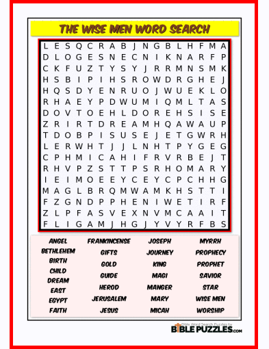 Printable Bible Word Search Activity Worksheet PDF - The Wise Men