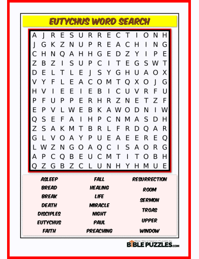 Printable Bible Word Search Activity Worksheet PDF- Eutychus