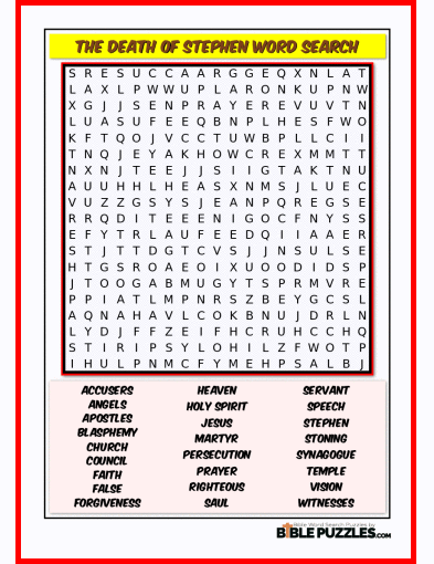 Printable Bible Word Search Activity Worksheet PDF - The Death of Stephen