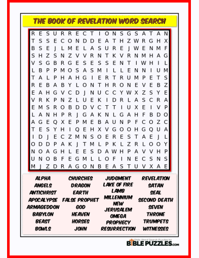 Printable Bible Word Search Activity Worksheet PDF - The Book of Revelation