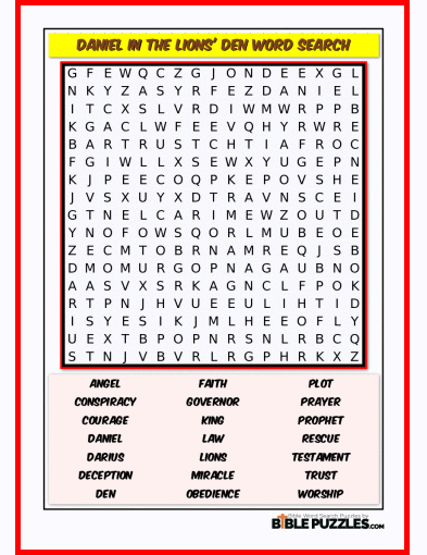 Printable Bible Word Search Activity Worksheet PDF - Daniel in the Lions' Den