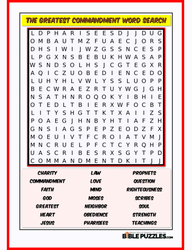 Printable Bible Word Search Activity Worksheet PDF - The Greatest Commandment