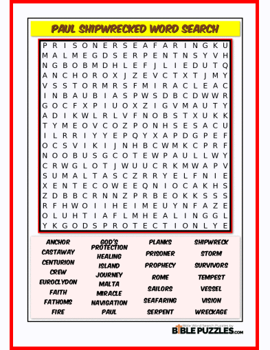 Printable Bible Word Search Activity Worksheet PDF - Paul Shipwrecked