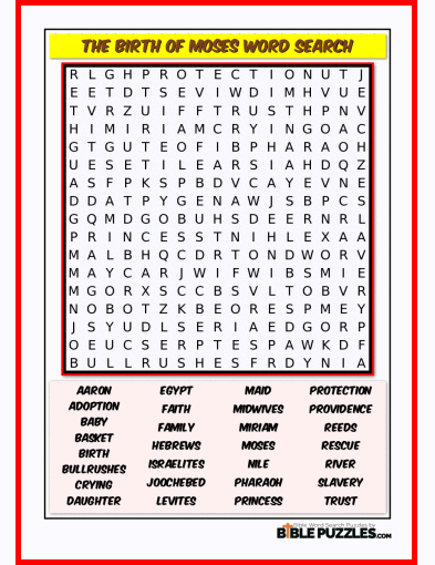 Printable Bible Word Search Activity Worksheet PDF- The Birth of Moses